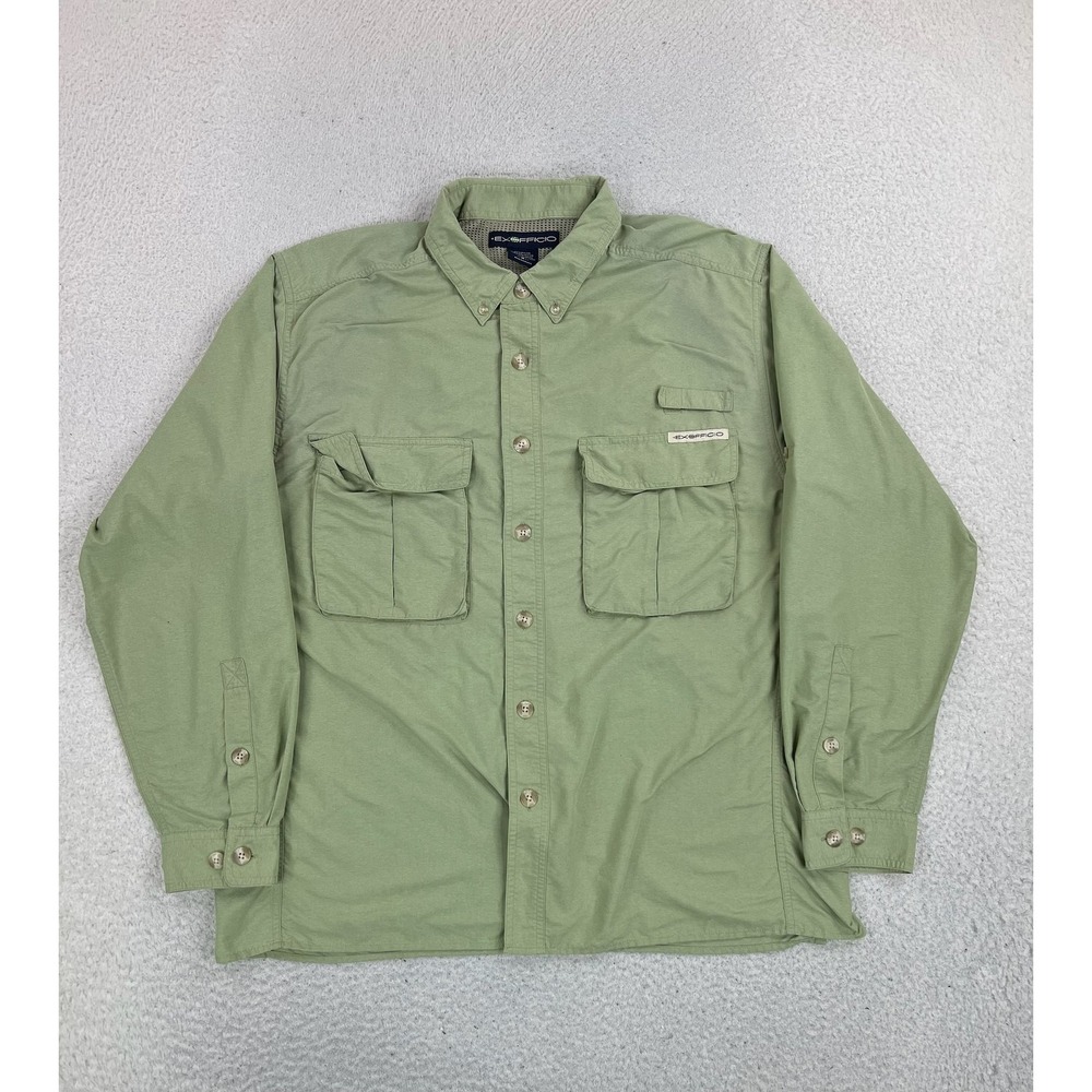 ExOfficio Shirt Mens Medium Green Nylon Mesh Vented Long Sleeve Button Up Travel